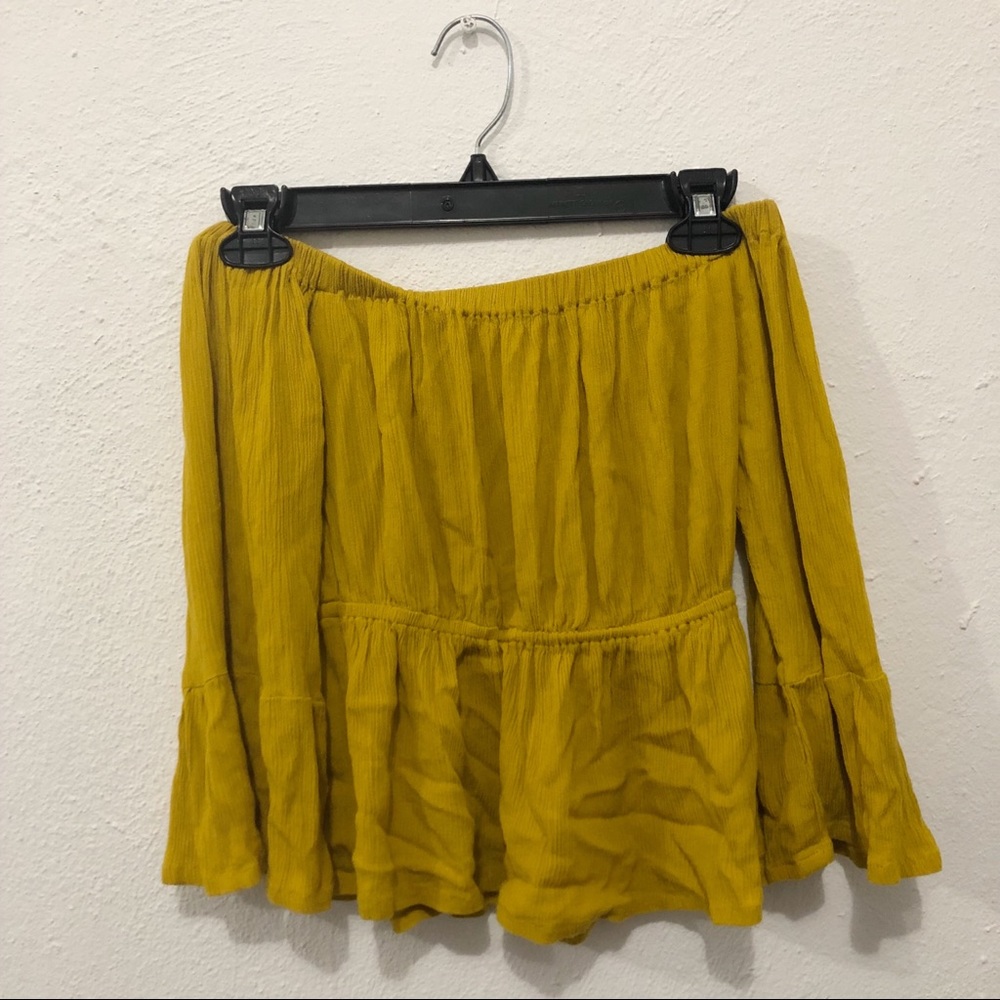 Mustard yellow off the shoulder bell sleeve top.